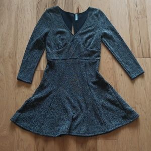 Free People Black & White Long Sleeve Mini Flare Dress